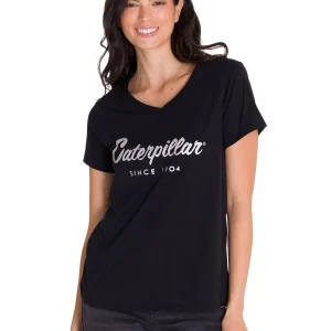 Polera Manga Corta Cuello V Mujer CAT METALLIC SCRIPT V-NECK TEE Negra Cat