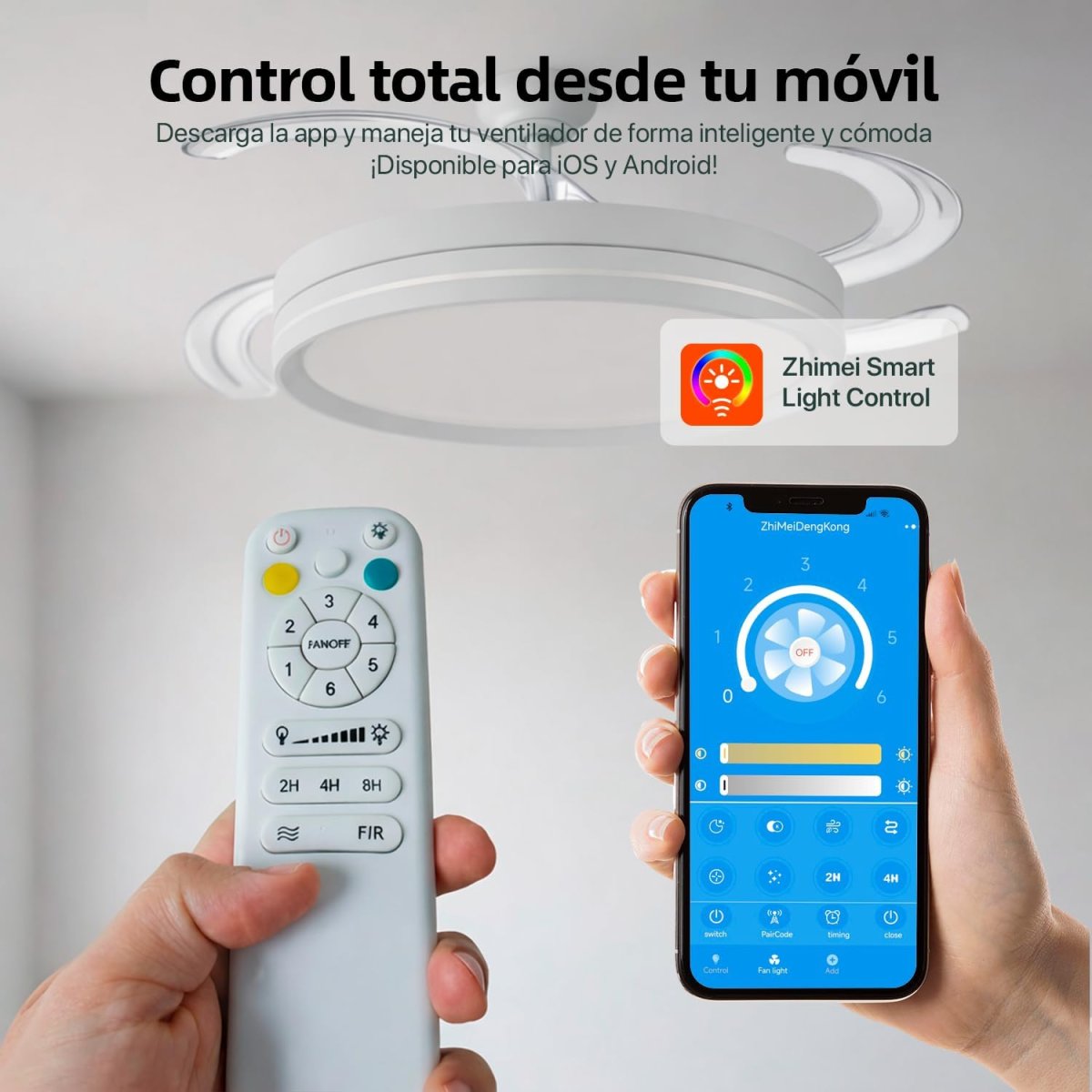 OstarkDom Ventilador de Techo con Luz LED Retráctil 106cm, 4 Aspas, Control por APP y Mando a Distancia, Potencia Total 66W, Temporizador, 6 Velocidades, 3 Temperaturas de Luz, Función Verano-Invierno, Silencioso, Negro OstarkDom-leduni - Imagen 7
