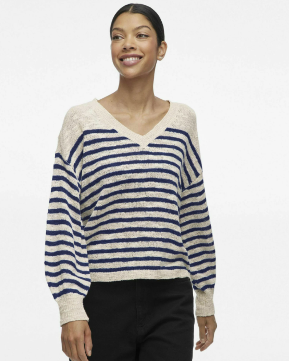 Jersey de punto beige con rayas azul marino – VILA - Imagen 2