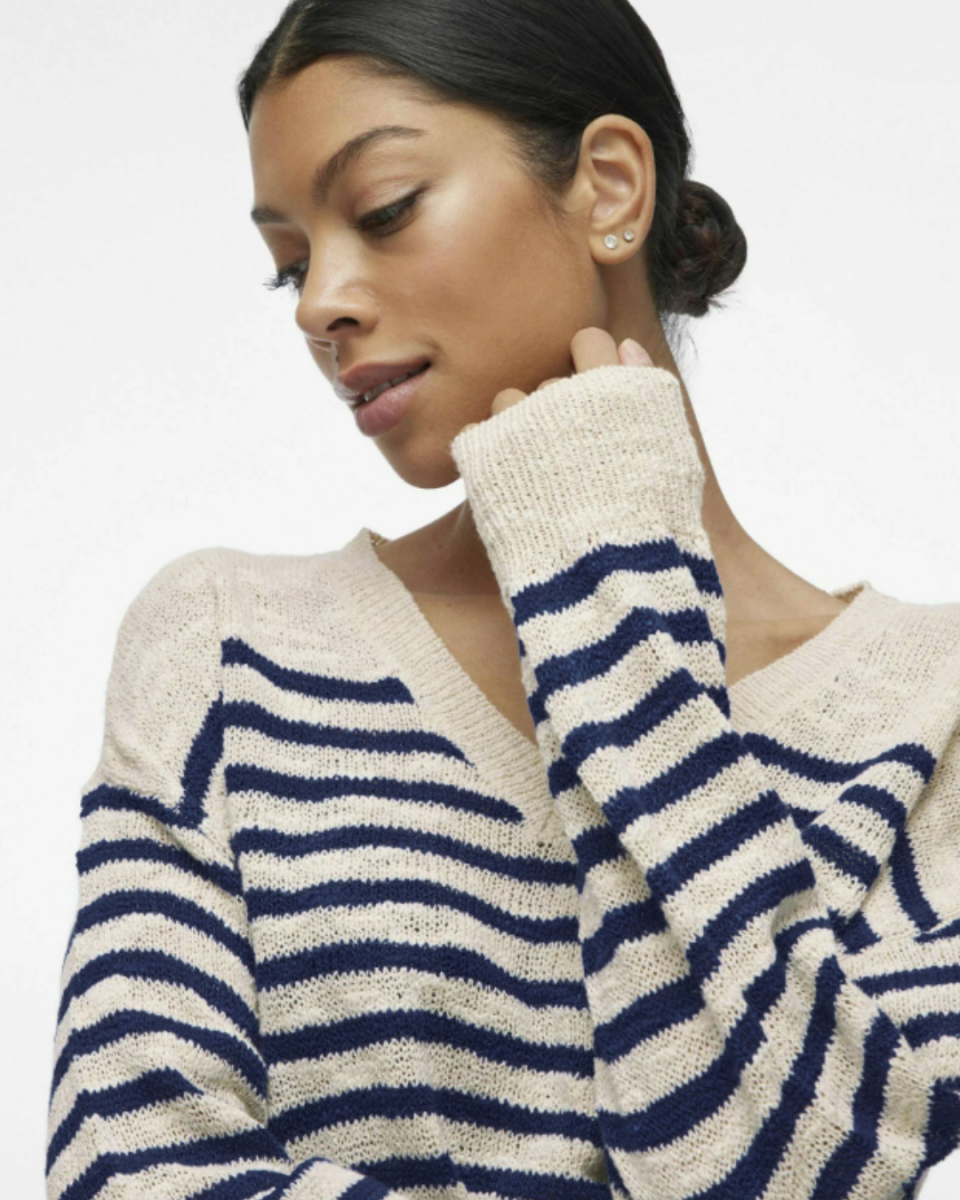 Jersey de punto beige con rayas azul marino – VILA - Imagen 3