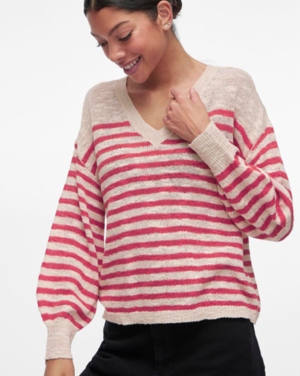Jersey de punto beige con rayas rosa – VILA - Imagen 2